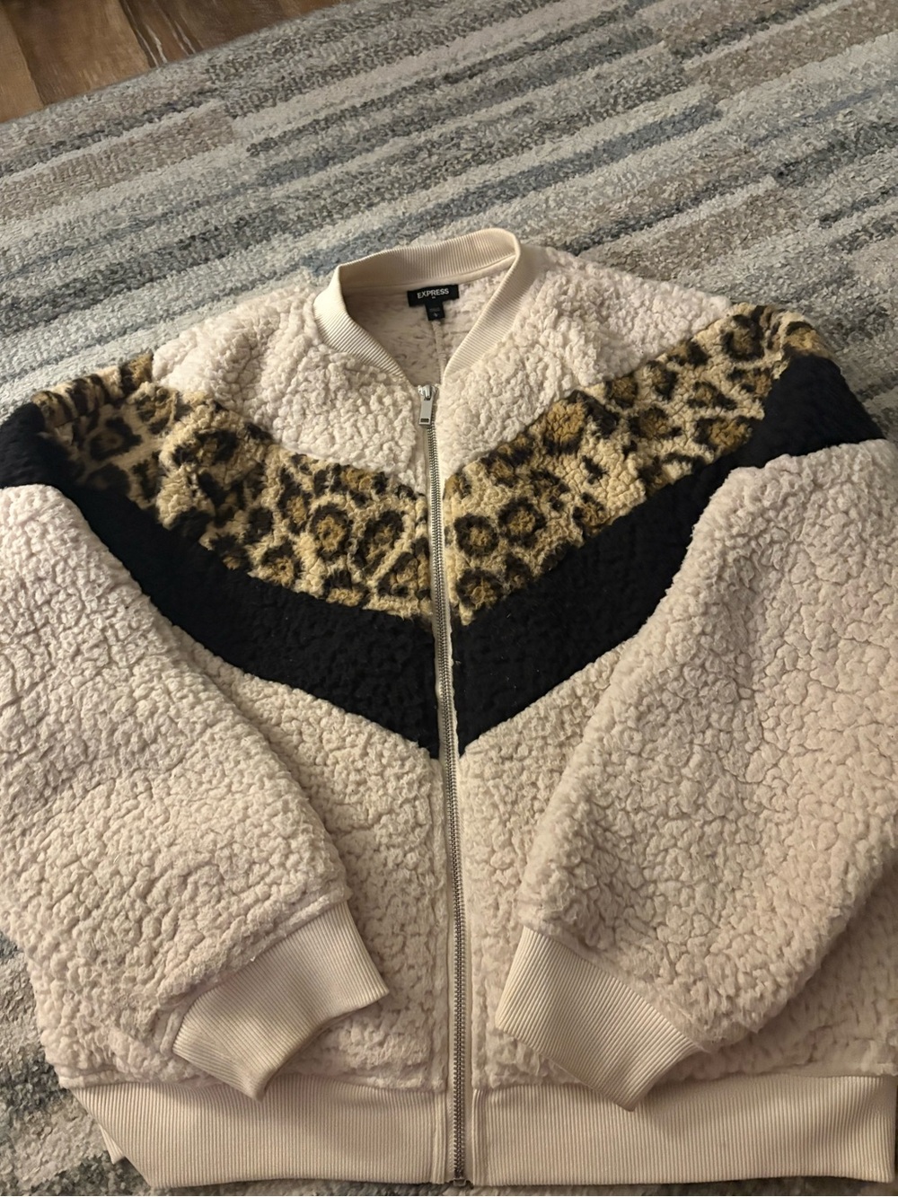 Express Cream Sherpa Bomber Jacket with Leopard and Black Chevron
